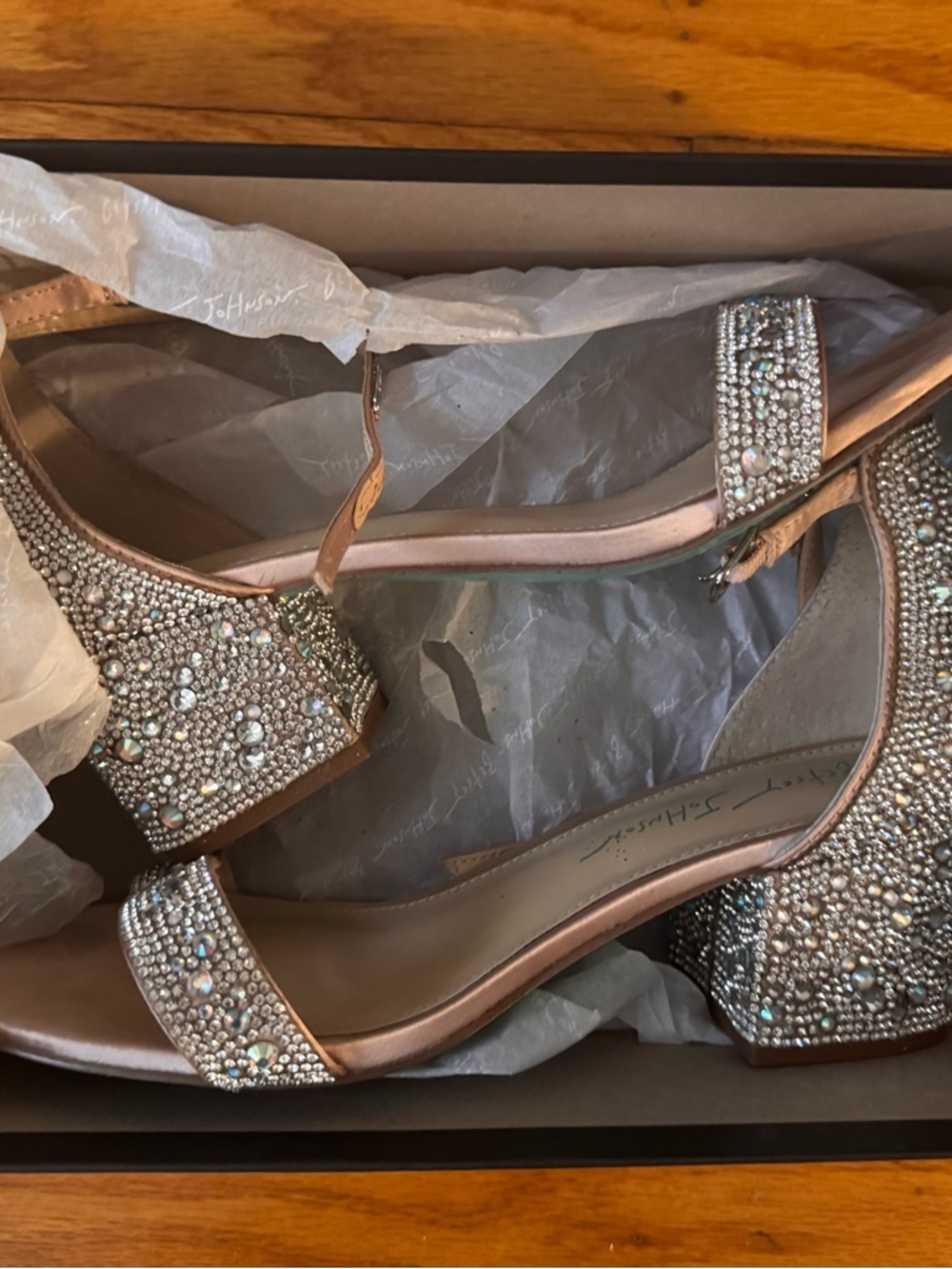 Betsey Johnson Rose Gold Crystal Block Heel Sandals